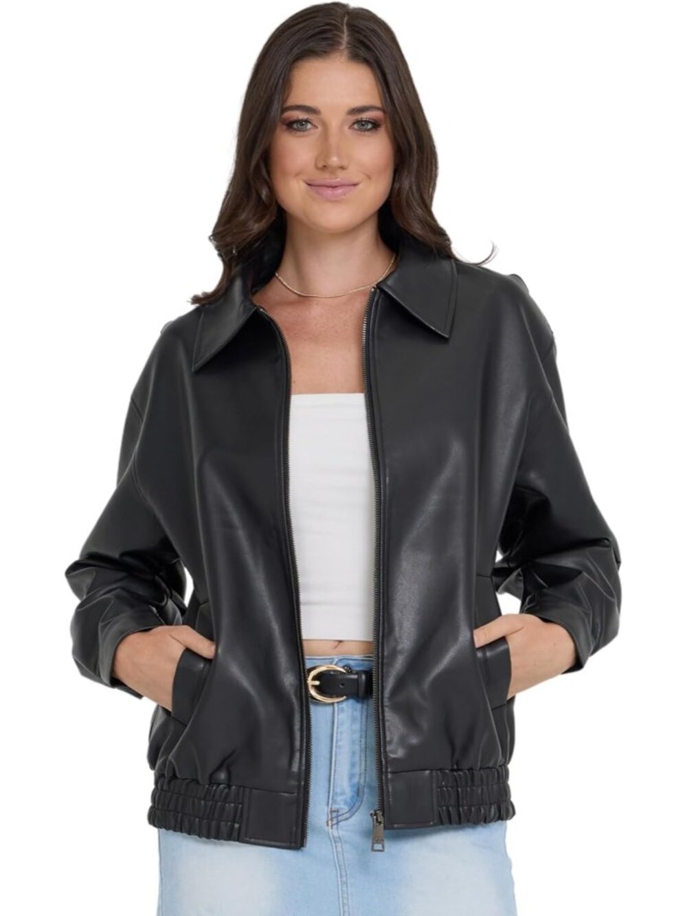 Steve Madden Women's Black Long Sleeve Faux Leather SOLID Bomber Jackets